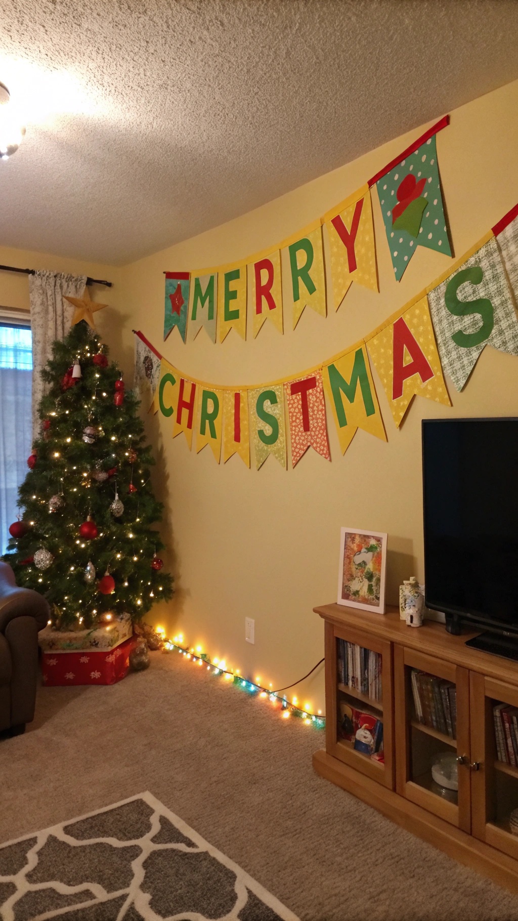 Colorful Christmas banner saying 'Merry Christmas' hanging on a wall.