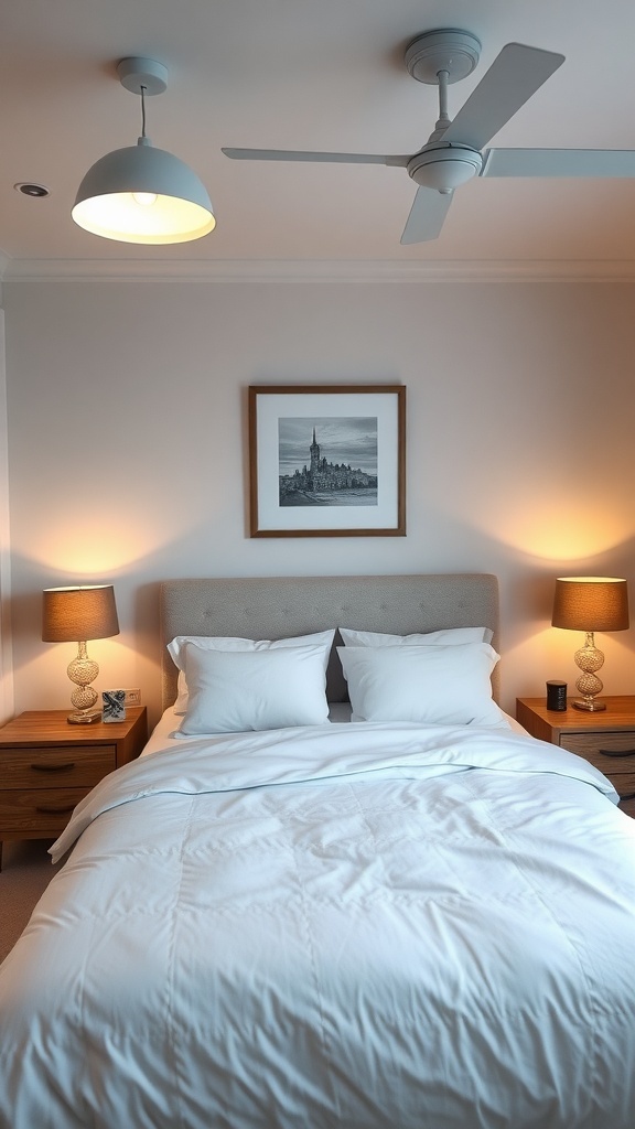 A cozy bedroom with layered lighting, featuring a ceiling light and two bedside lamps.