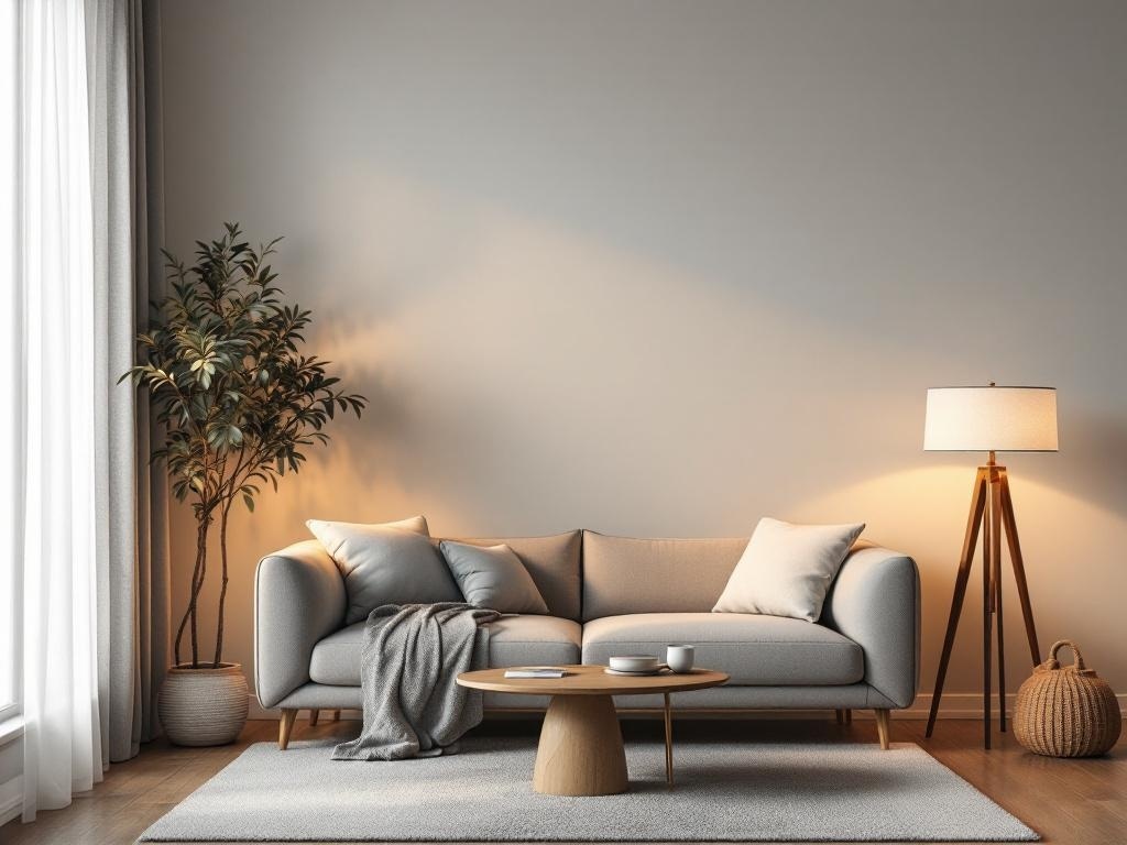 Cozy fall living room with layered lighting options.