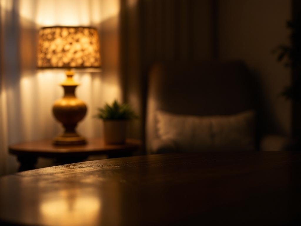 A decorative lamp on a side table with warm lighting in a cozy living room.