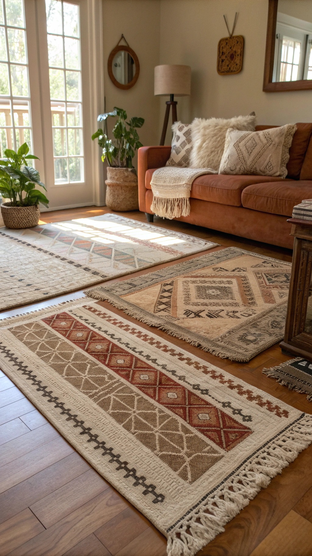 A cozy living room with layered rugs, featuring a brown couch and plants.