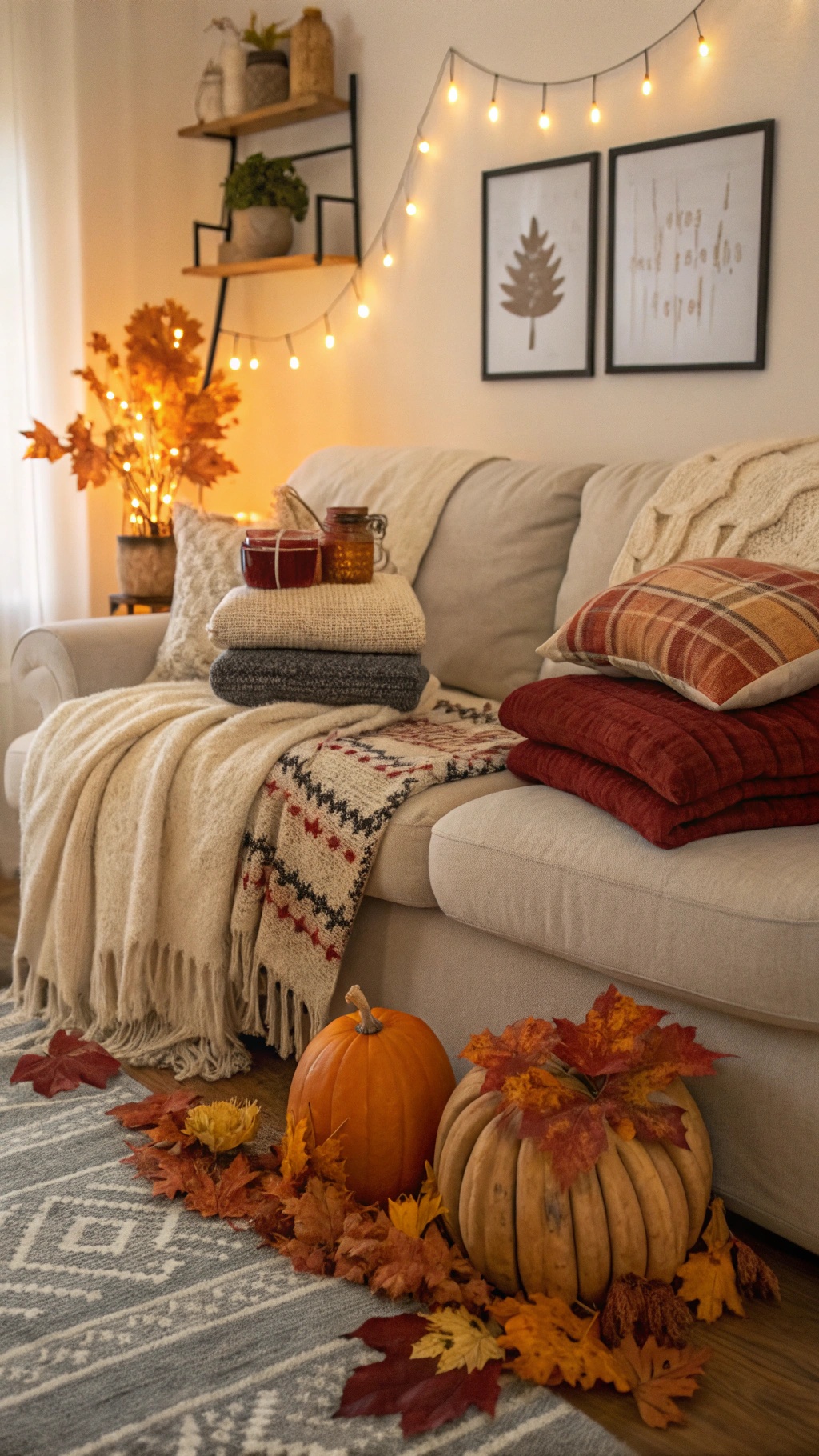 A cozy living room with layered textiles, including blankets and pillows, pumpkins, and fall decorations.