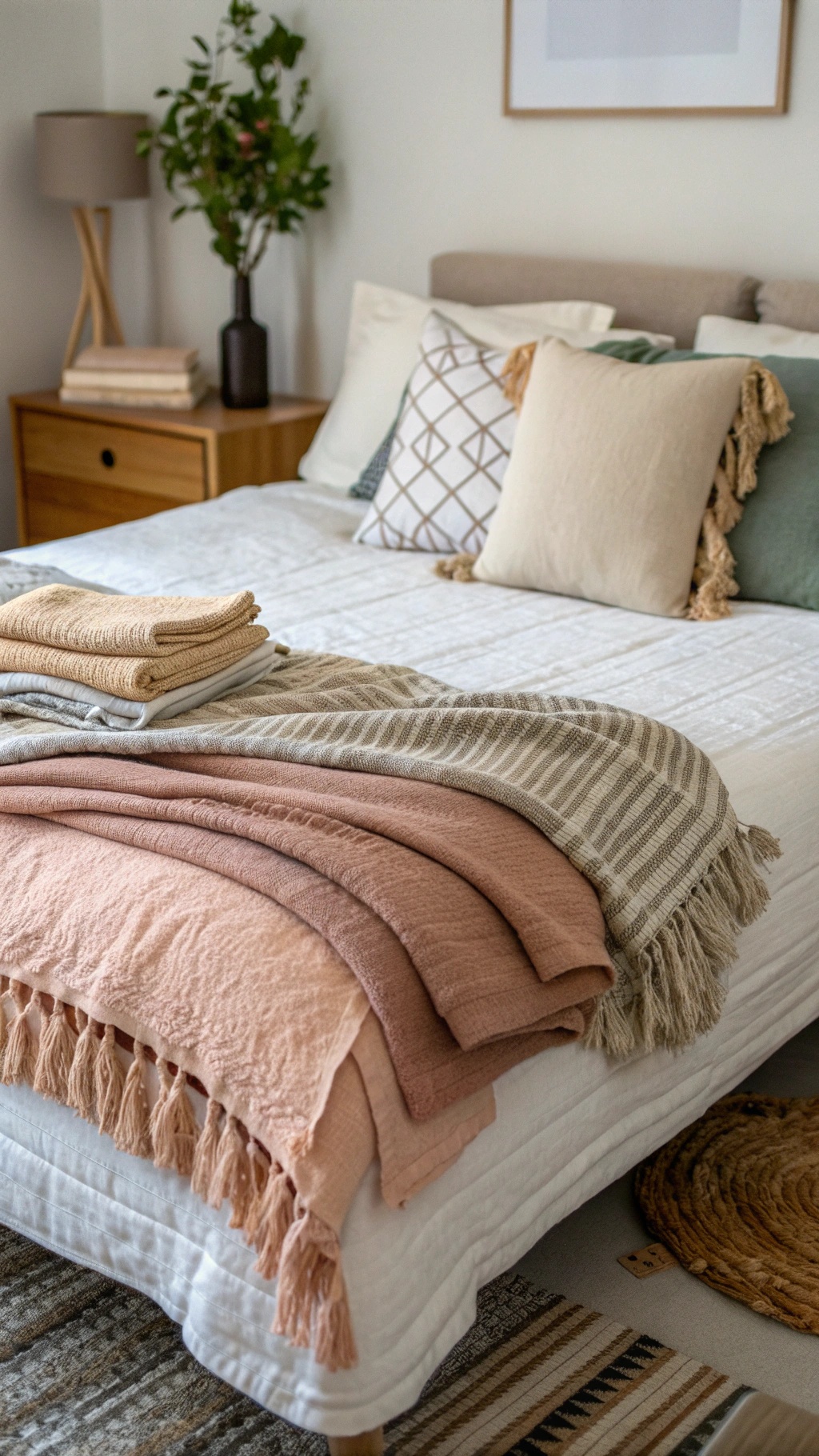 A beautifully layered bed with various textiles, including throws and pillows.