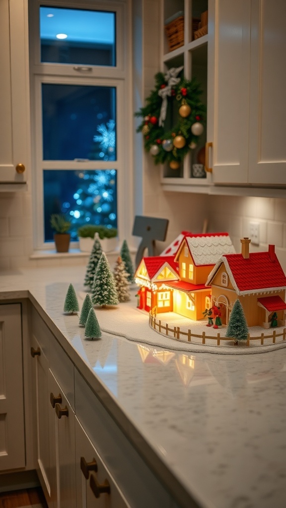A beautifully decorated light-up Christmas village on a kitchen countertop.