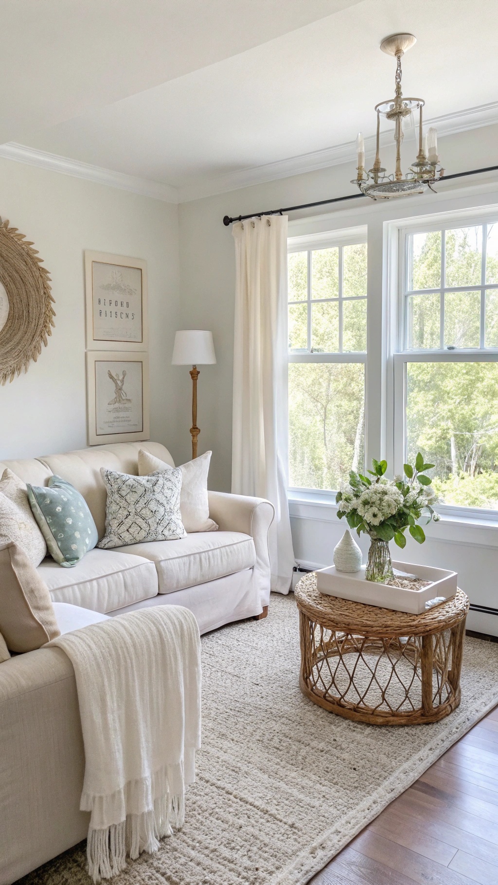 A cozy living room with light-colored walls, a beige sofa, and natural light streaming through large windows.