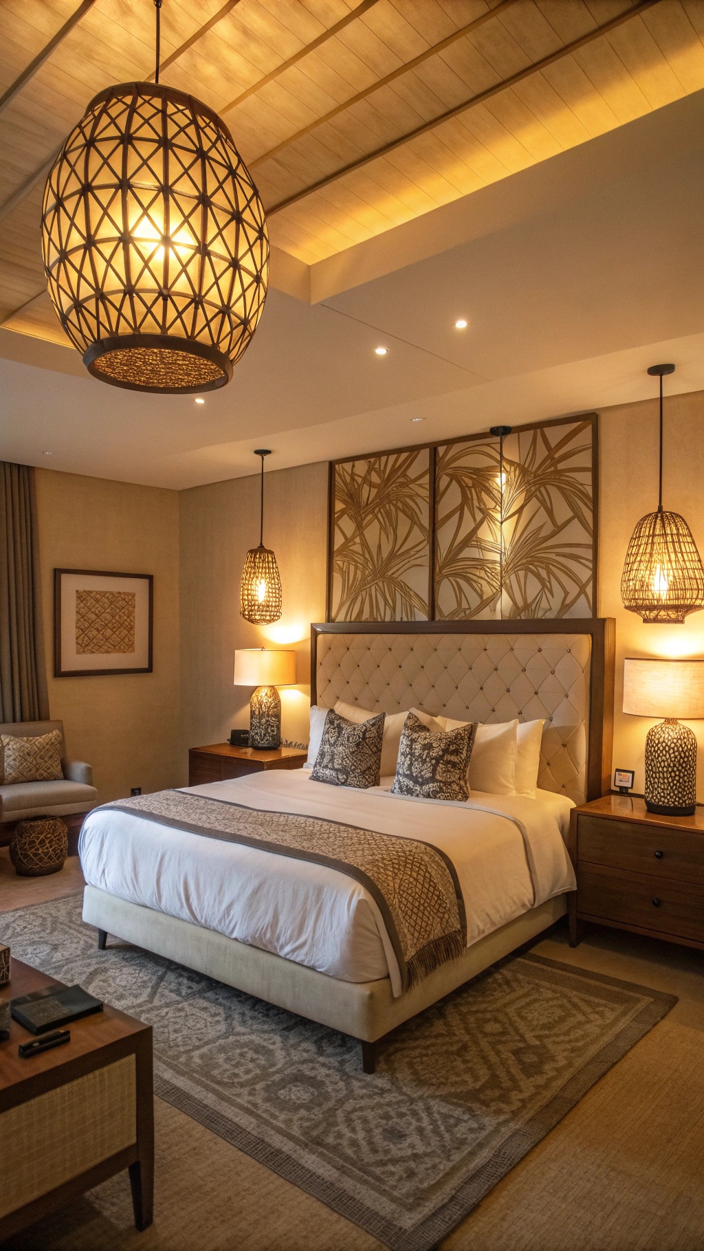 Stylish bedroom with unique lighting fixtures and elegant decor.