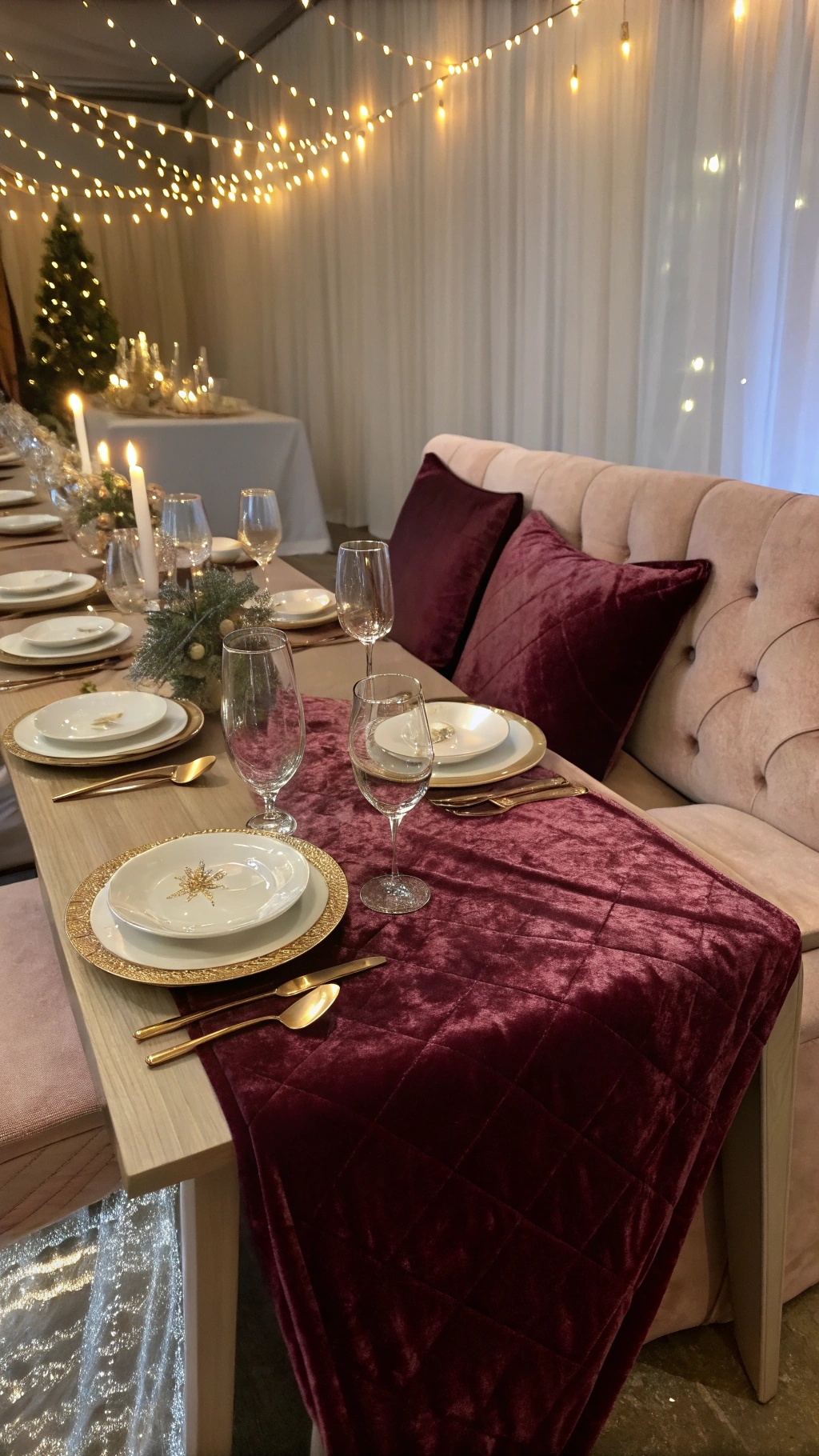 A beautifully set Thanksgiving table featuring a luxurious velvet table runner, elegant dinnerware, and soft lighting.