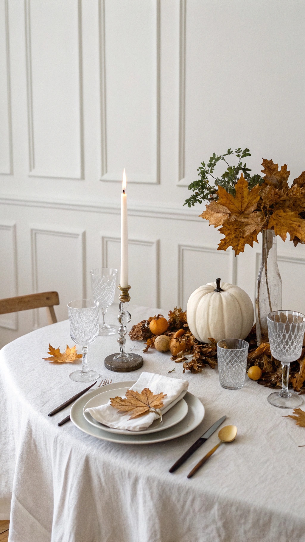 Minimalist Scandinavian Thanksgiving table setting with white tablecloth, pumpkins, leaves, and elegant glassware.