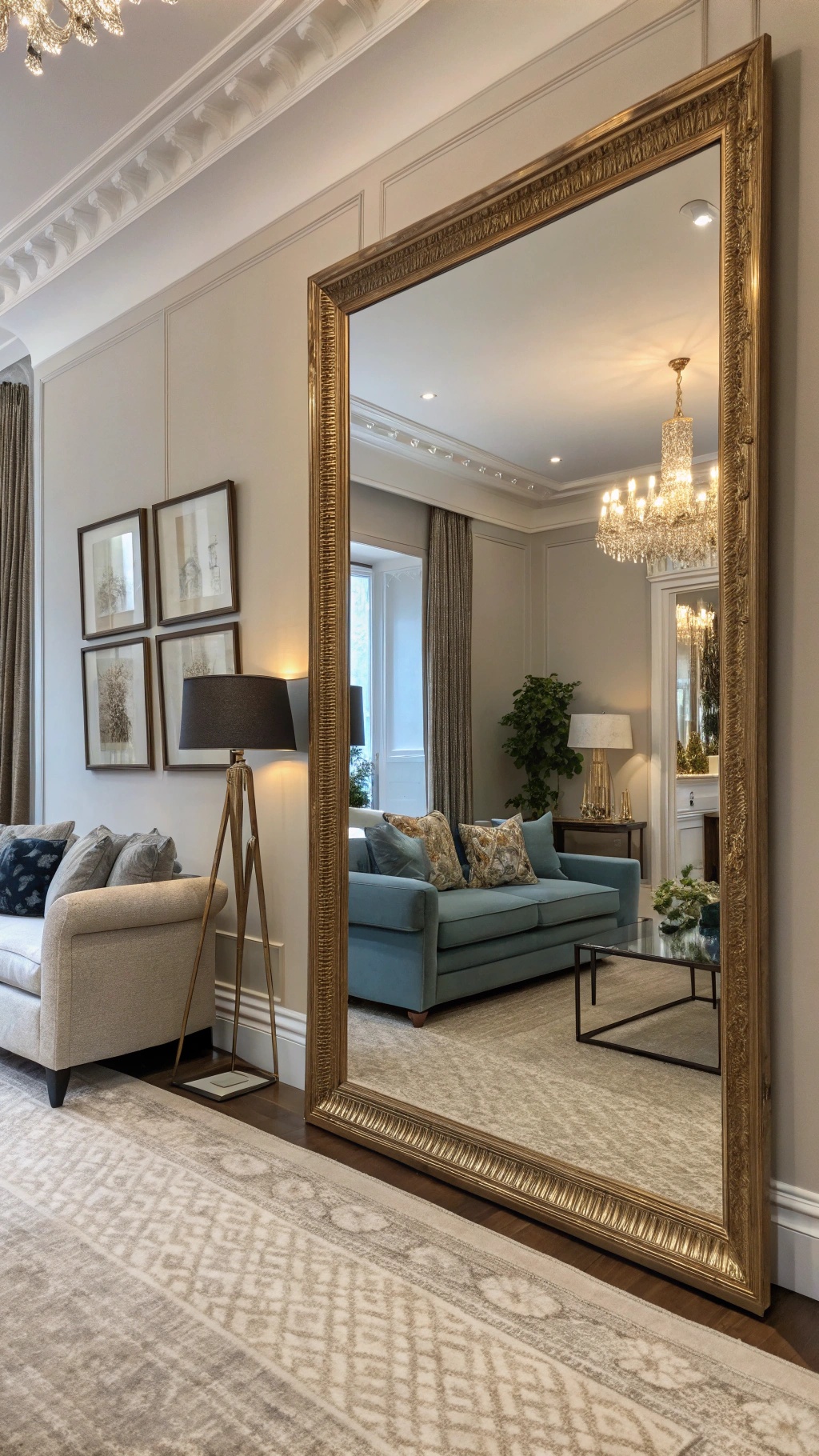 A stylish living room featuring a large mirror that reflects light and space.