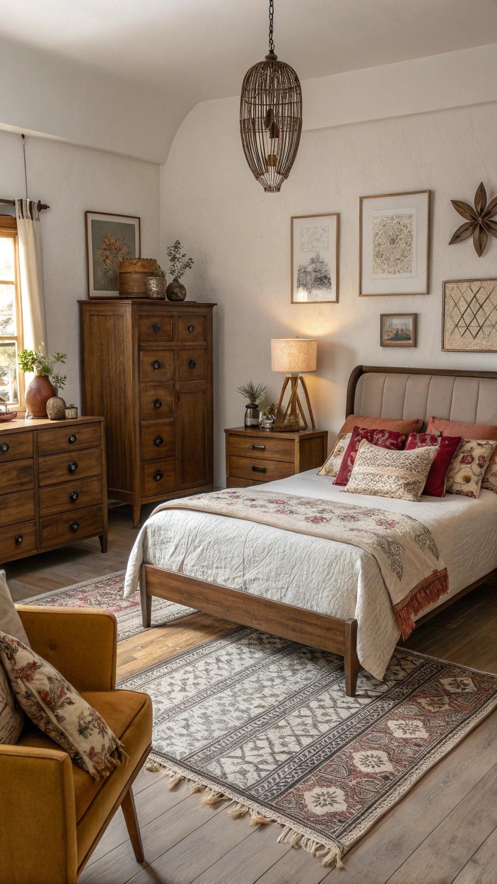 A cozy bedroom featuring a mix of vintage and modern furniture styles, including a wooden bed frame, dresser, and decorative elements.