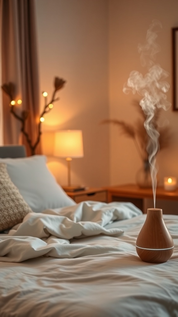A cozy bedroom with a diffuser emitting aromatic steam, soft blankets, and warm lighting.