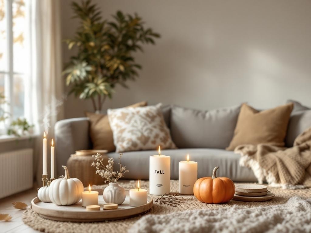 Cozy fall living room with candles and pumpkins