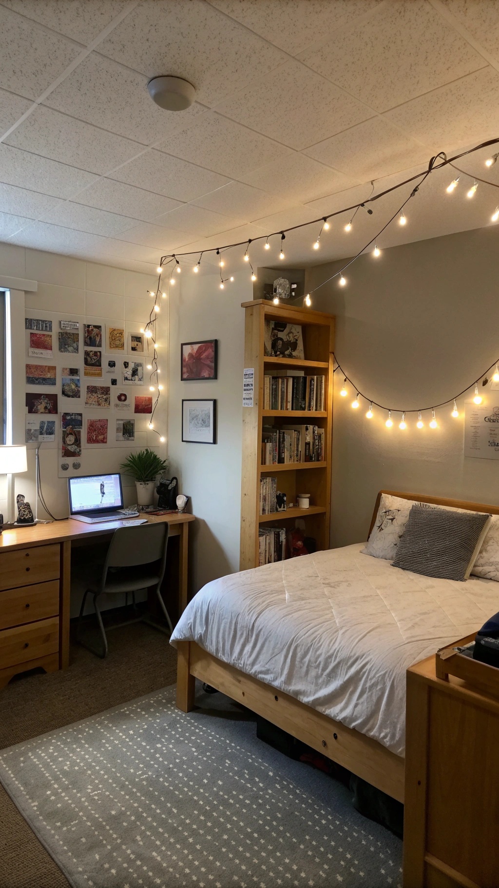 A cozy dorm room with string lights and a warm atmosphere.