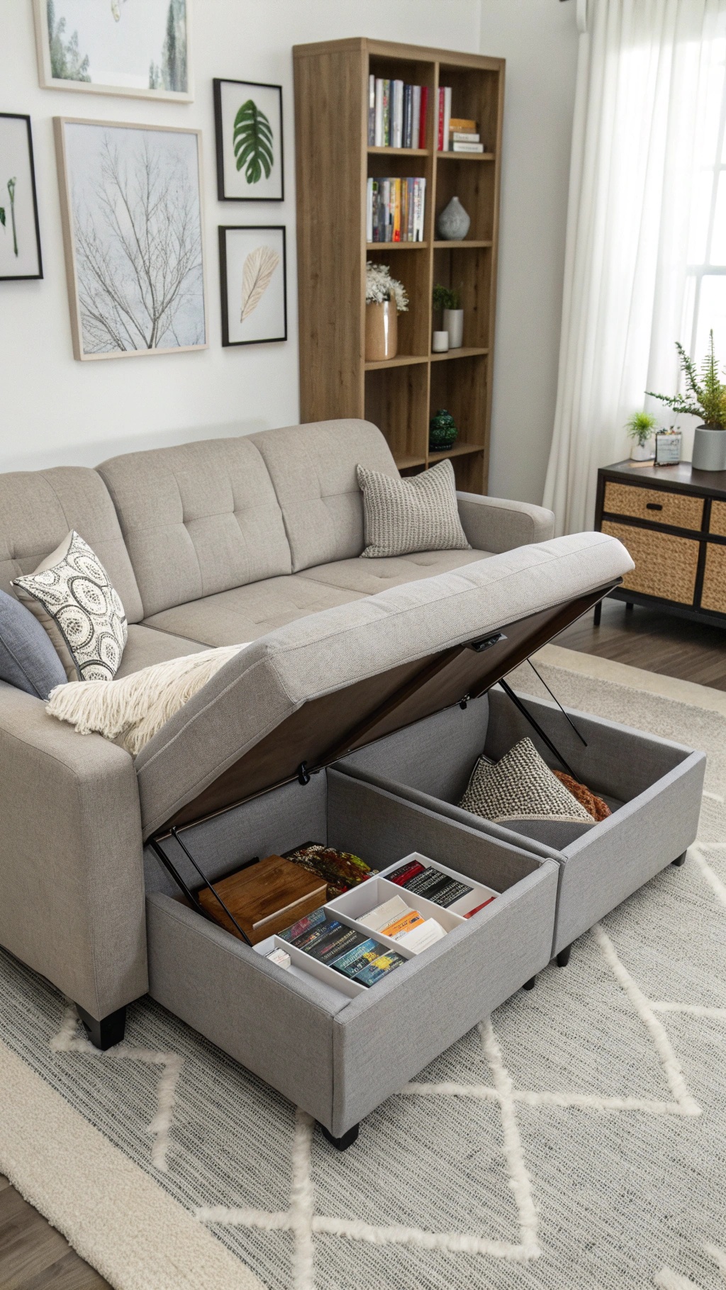 A stylish gray sofa with a storage compartment, surrounded by a cozy living room setting.