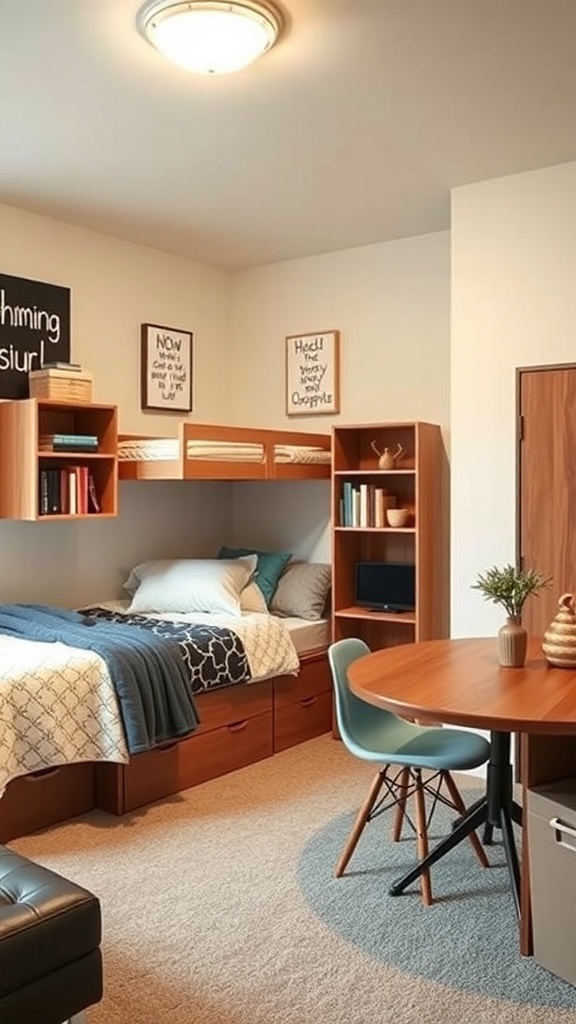 A cozy dorm room featuring a lofted bed with storage underneath, a small dining table, and bookshelves.