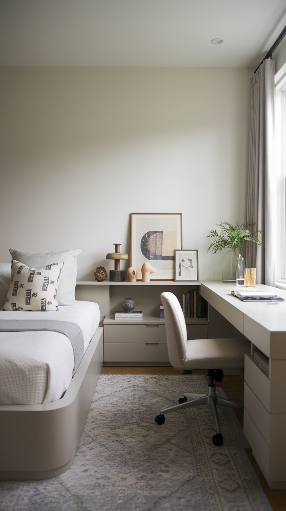 A minimalist bedroom featuring a bed with storage, a desk, and decorative items.