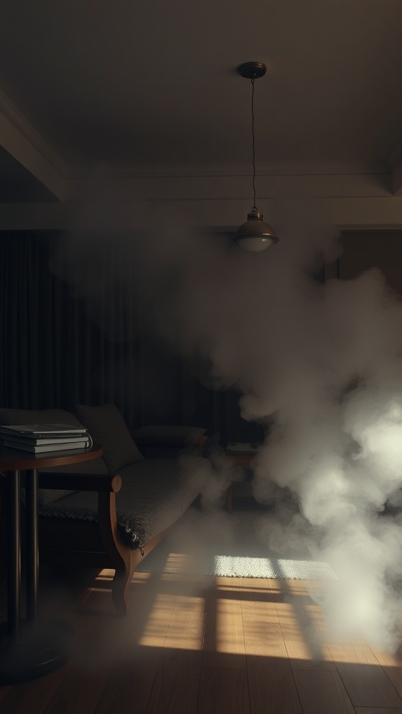 A living room filled with fog from a fog machine, creating a spooky atmosphere.