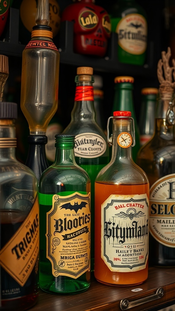A collection of potion bottles with colorful liquids and unique labels.