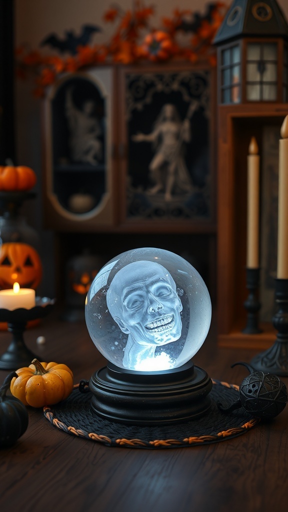 A crystal ball with a skull inside, surrounded by pumpkins and candles in a Halloween-themed living room.