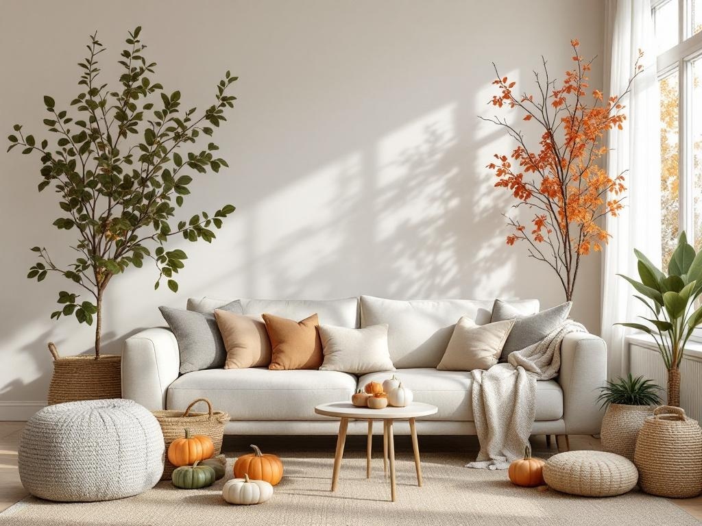 Cozy fall living room with natural elements, greenery, and pumpkins.