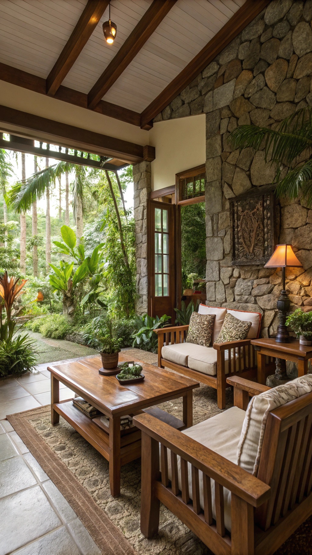 Cozy living room with wooden furniture and stone walls, surrounded by lush greenery.