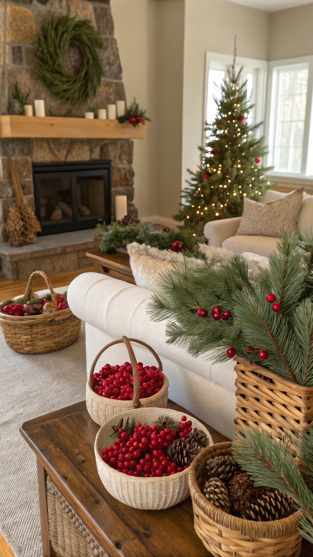 A cozy living room decorated for Christmas with natural elements like pine branches, berries, and pinecones.
