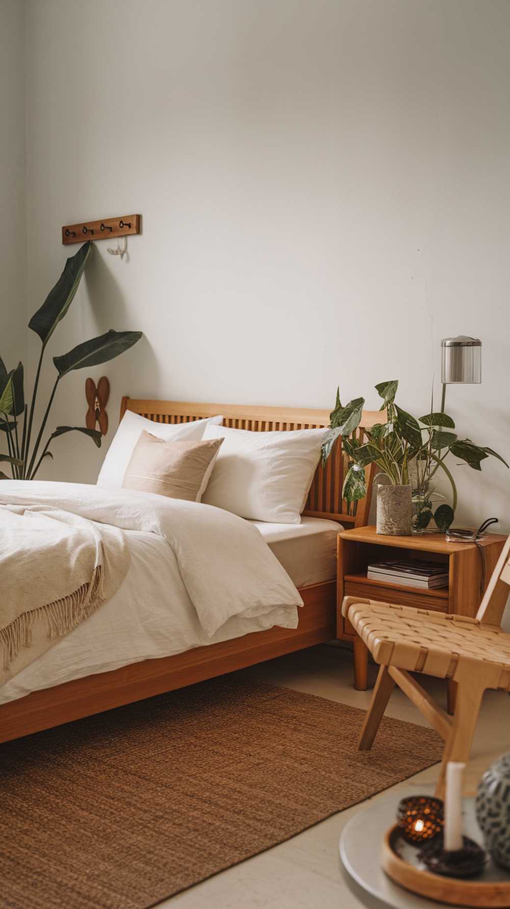 A minimalist bedroom featuring natural elements like plants and wooden furniture.