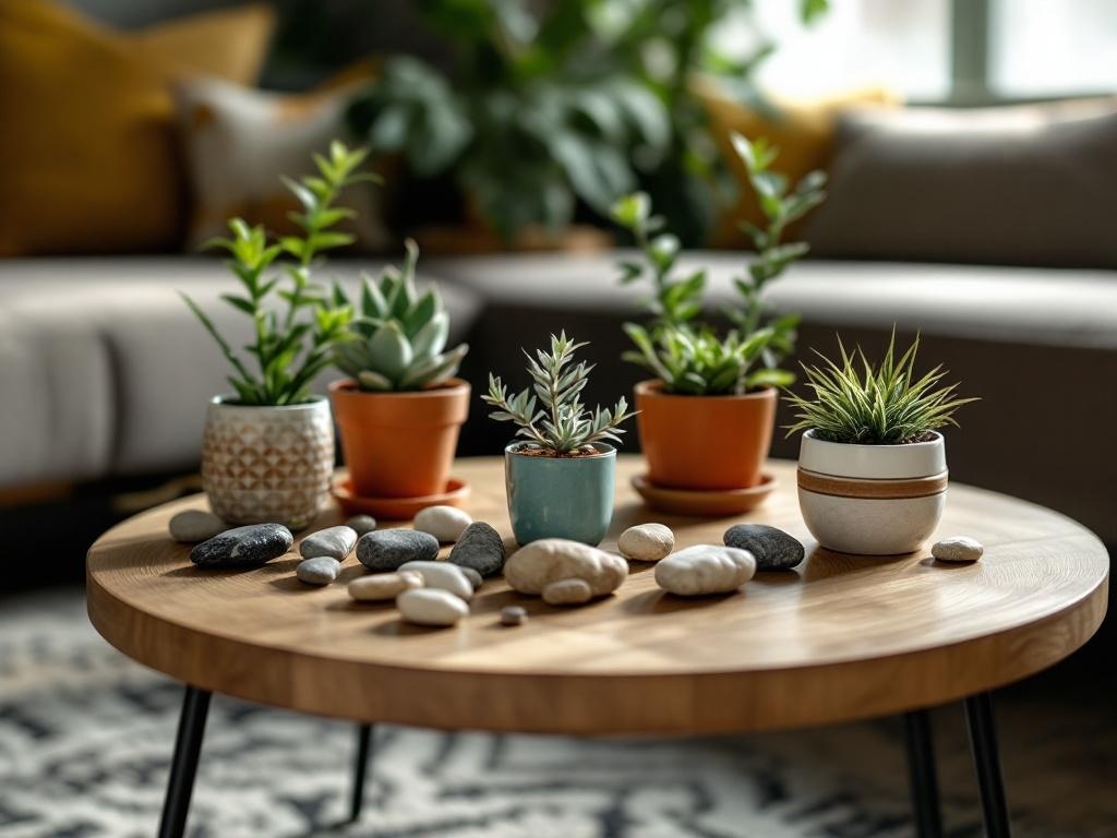 A coffee table styled with potted plants and stones.