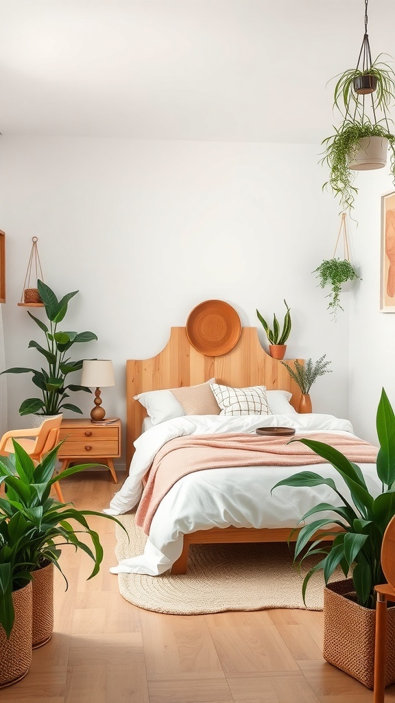 Cozy bedroom featuring wood accents, soft blankets, and plants.