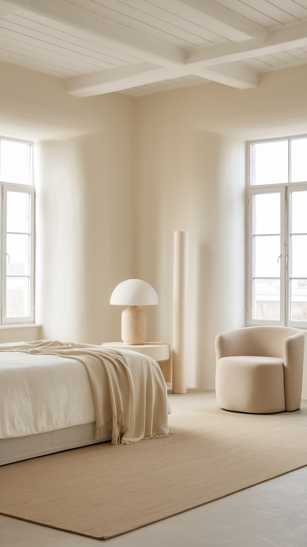 Minimalist bedroom with neutral color palette featuring a bed, lamp, and chair.