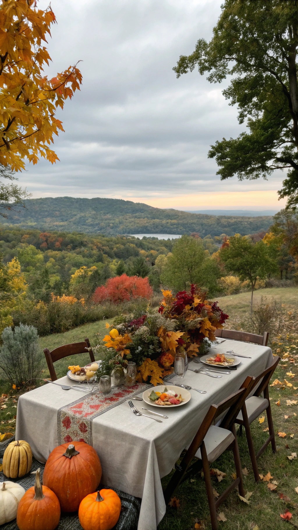 An outdoor Thanksgiving table setting with pumpkins and autumn foliage.