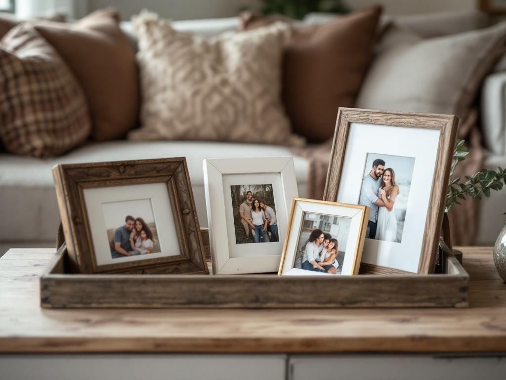 A coffee table styled with family photos in various frames, surrounded by cozy pillows.