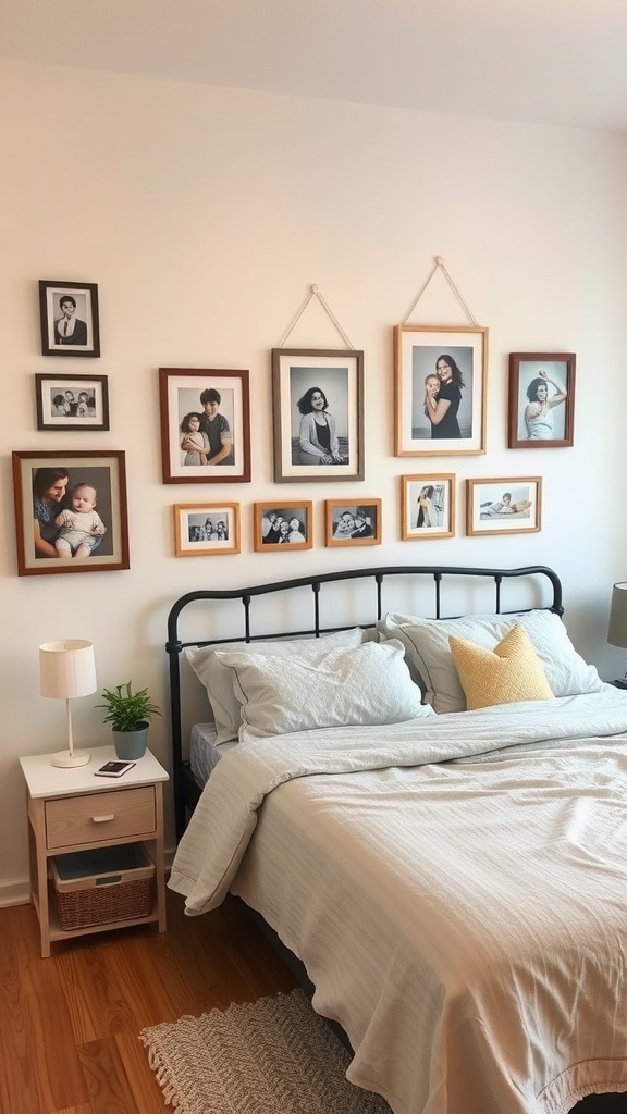 A cozy bedroom featuring a bed with soft linens and a wall adorned with family photos in various frames.