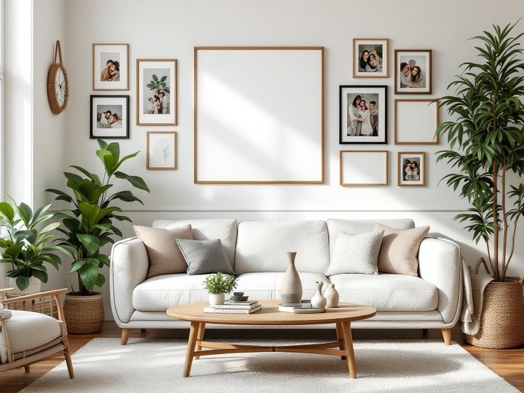 A cozy living room with a white sofa, framed photos on the wall, and green plants.
