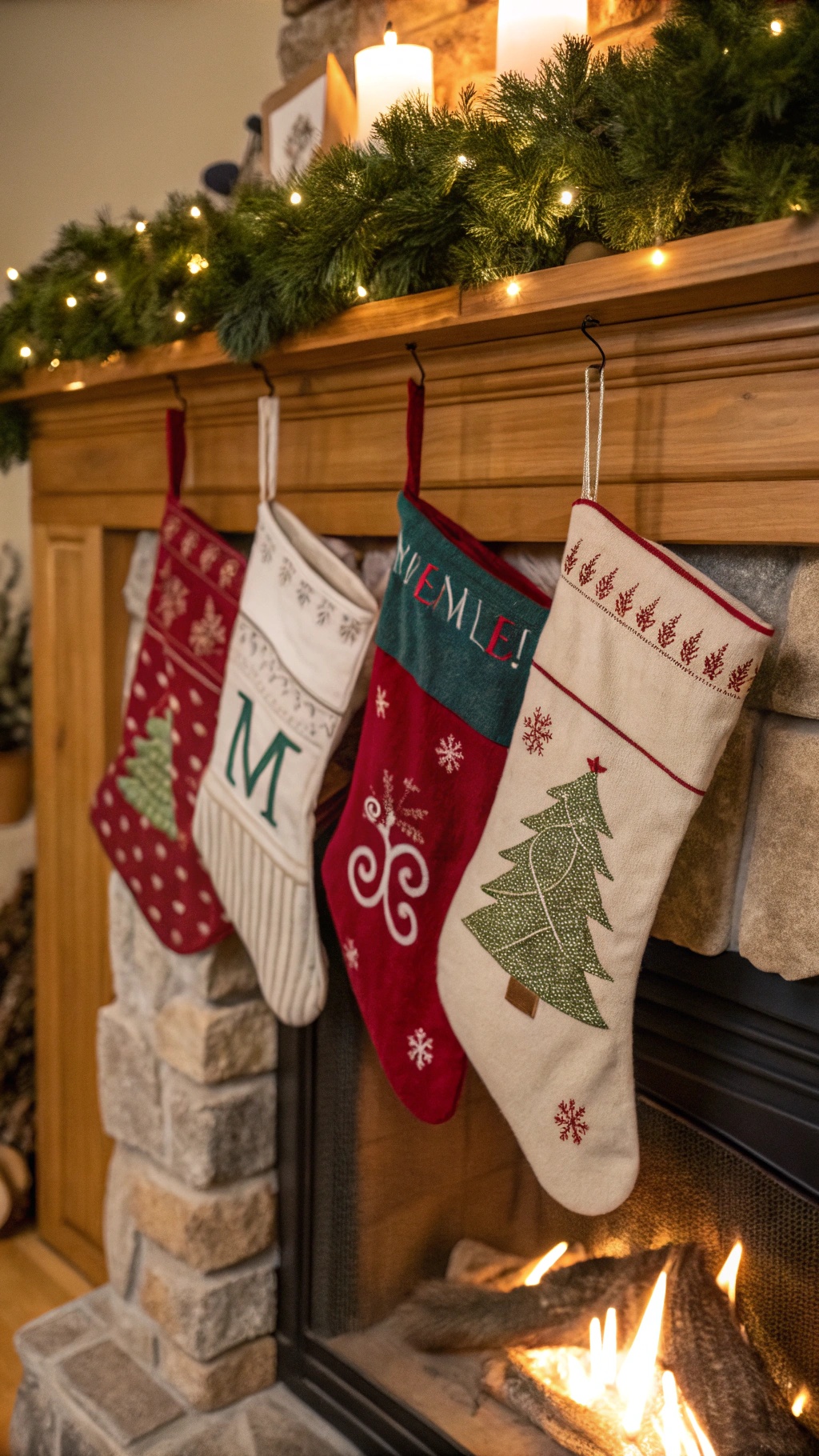 Four personalized Christmas stockings hanging by a fireplace.