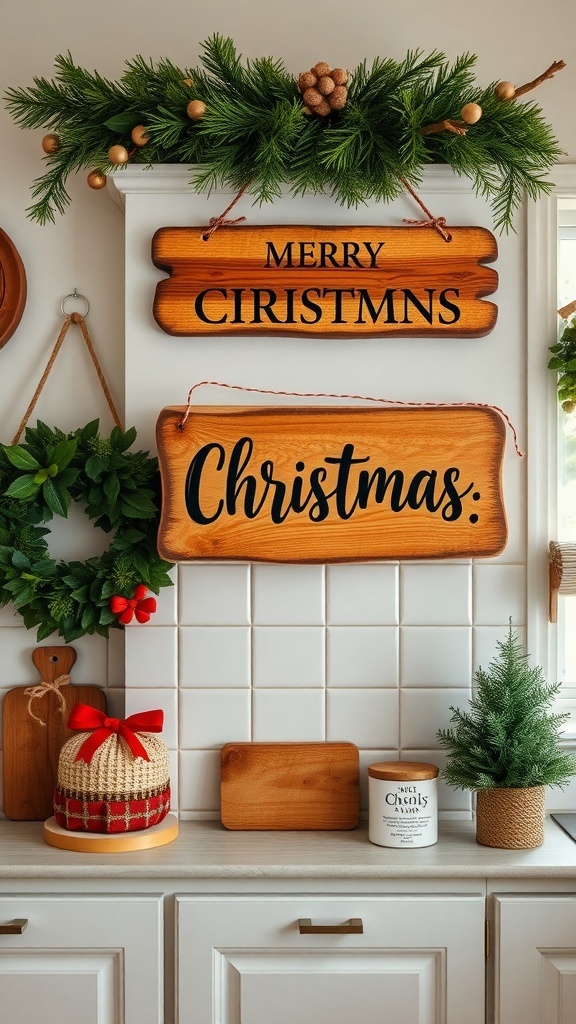 Wooden kitchen signs with Christmas messages and decorations.
