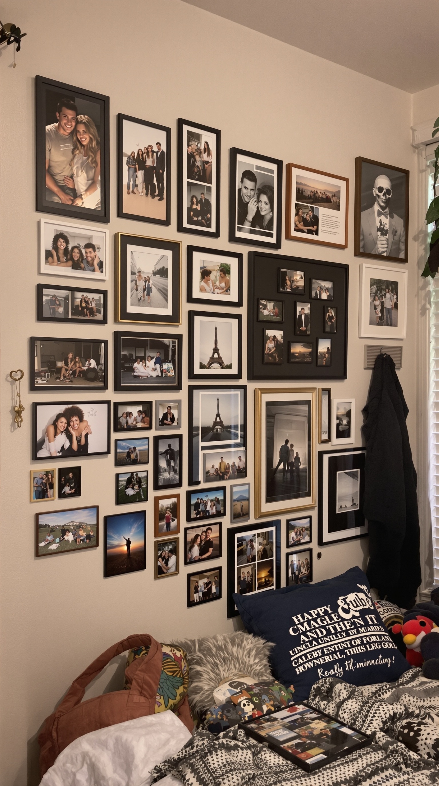 A personalized photo gallery wall with various framed pictures in a dorm room.