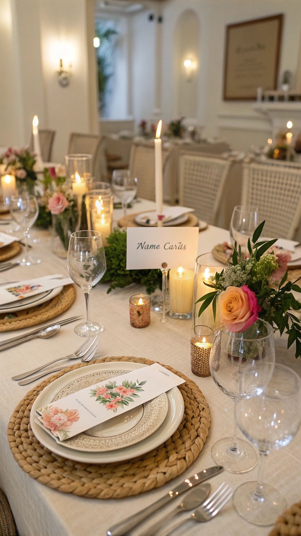 Elegant Thanksgiving table setting with personalized name cards and floral decorations.