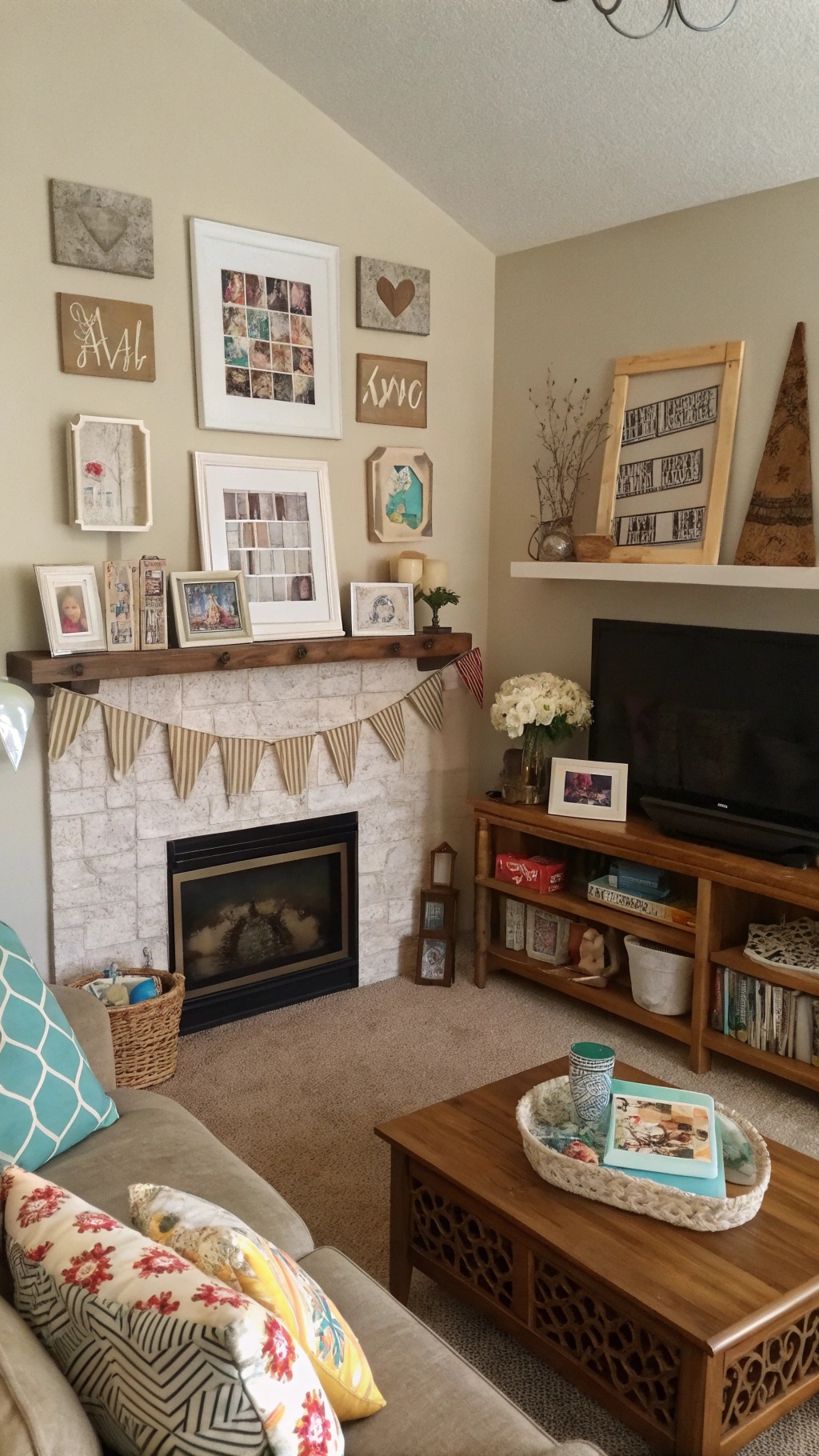 Cozy living room with personalized decor, including family photos and decorative pillows