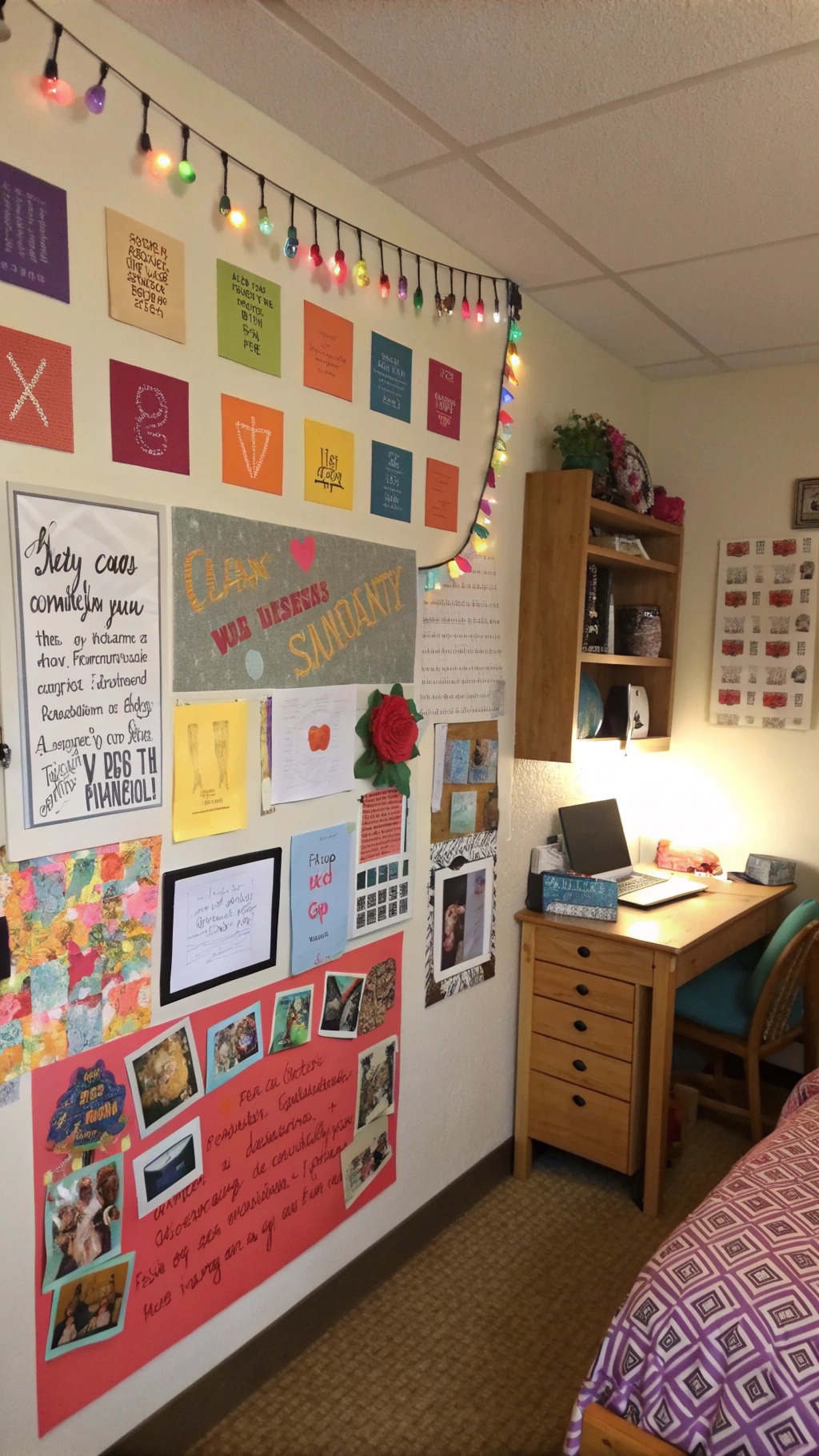 A colorful dorm room wall decorated with personalized art and string lights.