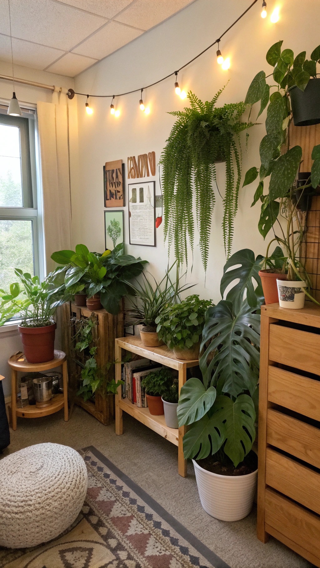 A cozy dorm room corner filled with various indoor plants, including a monstera and ferns, creating a fresh and inviting atmosphere.