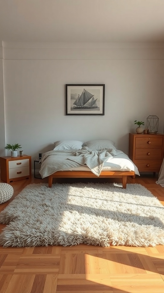 A cozy bedroom featuring a plush area rug, a bed with soft bedding, and warm wooden furniture.