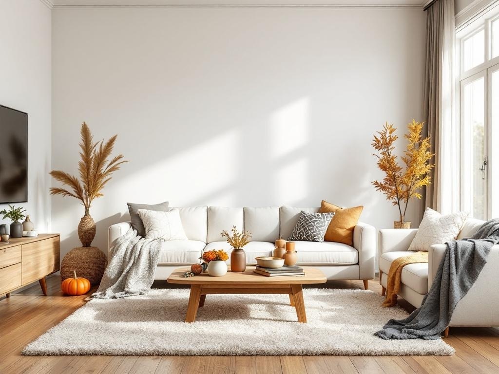 Cozy fall living room with plush area rug and warm decor.