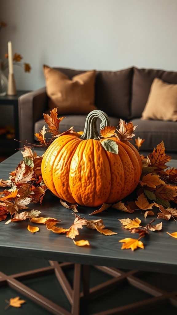 A pumpkin centerpiece surrounded by autumn leaves on a coffee table.