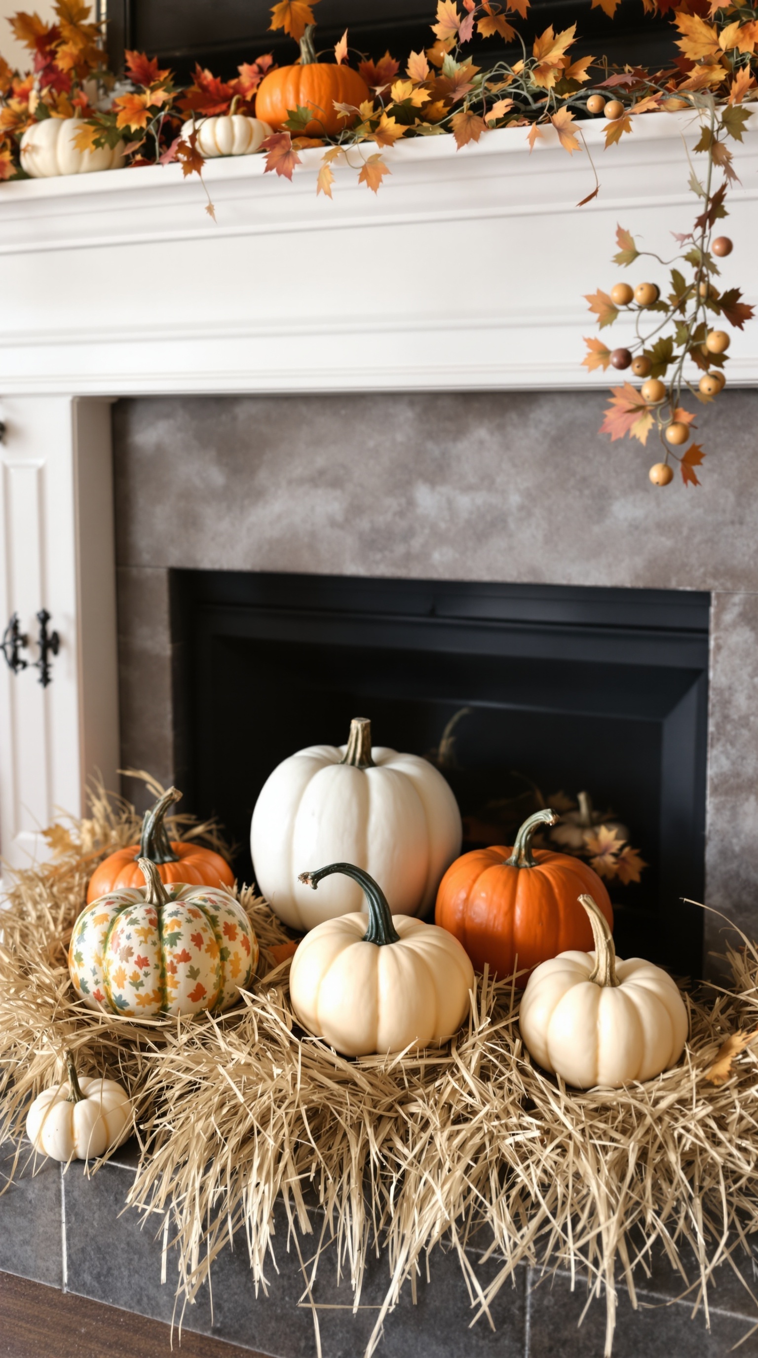 A cozy pumpkin patch display on a mantel featuring various pumpkins, straw, and autumn leaves.