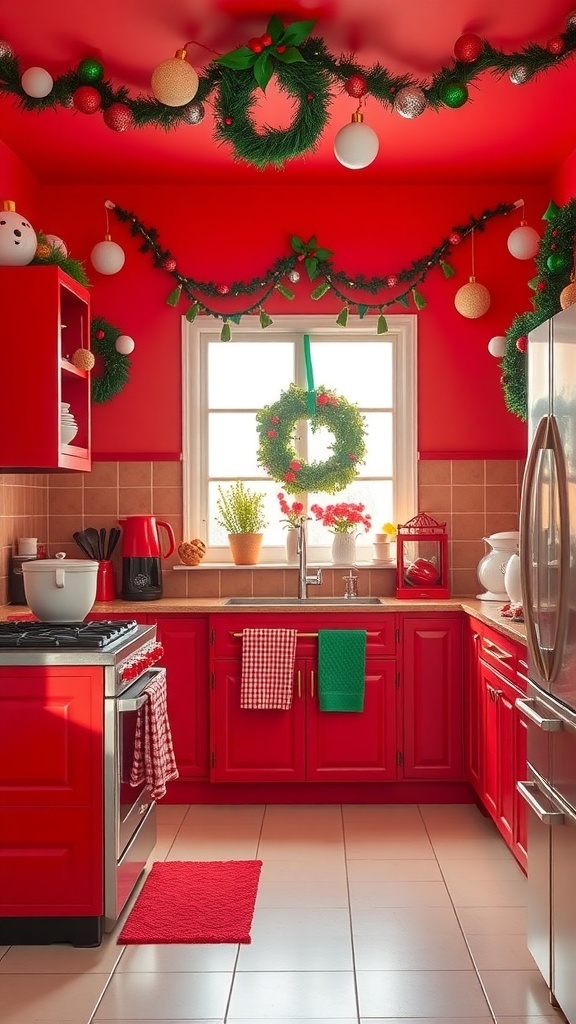 A festive kitchen decorated in red and green for Christmas.