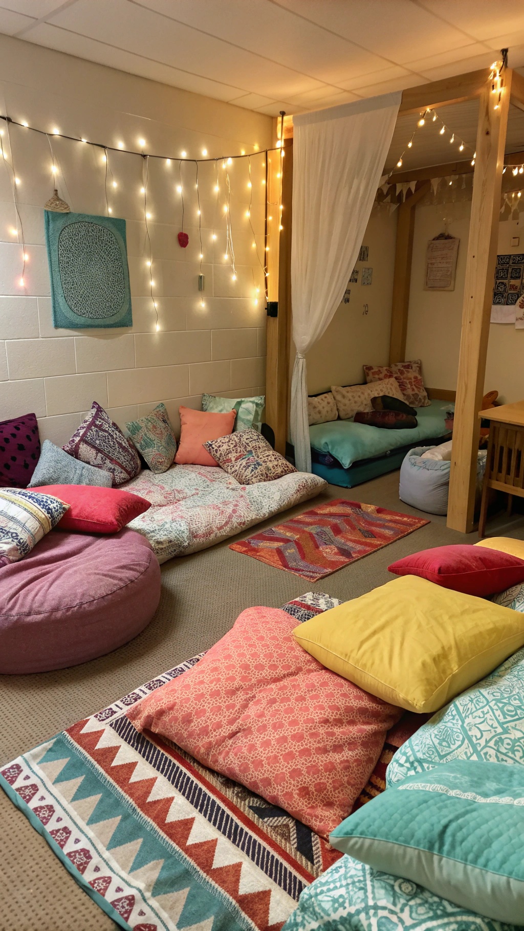 A cozy dorm room relaxation zone filled with colorful pillows and rugs.