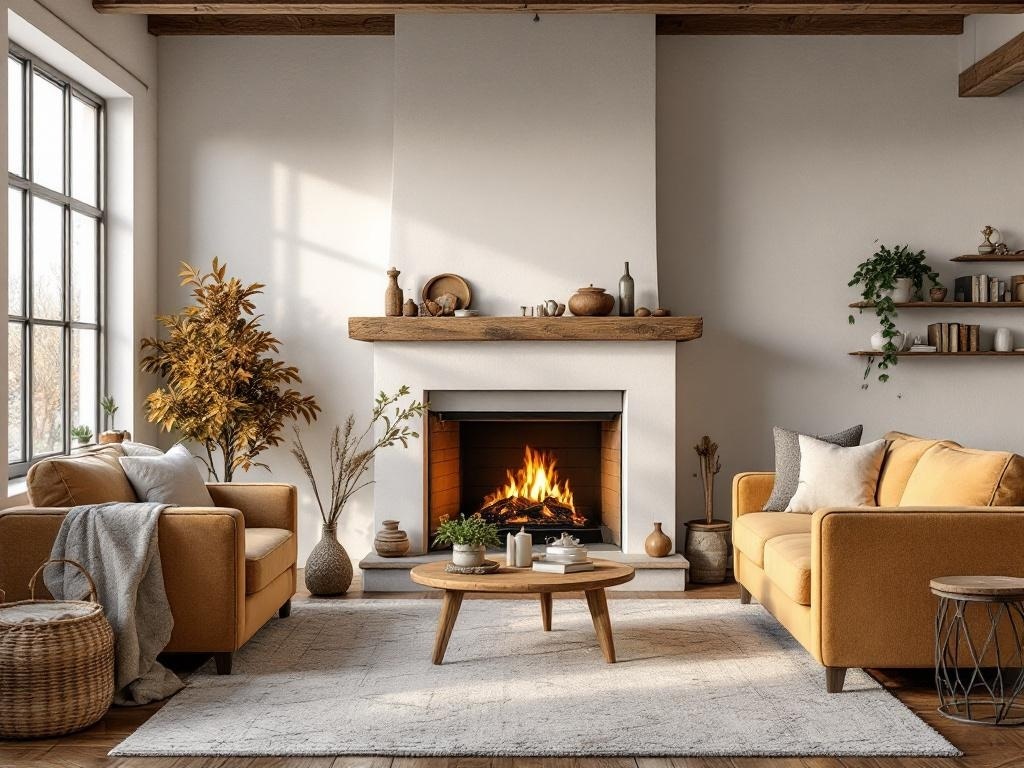 Cozy fall living room with rustic wooden accents, featuring a fireplace and comfortable seating.