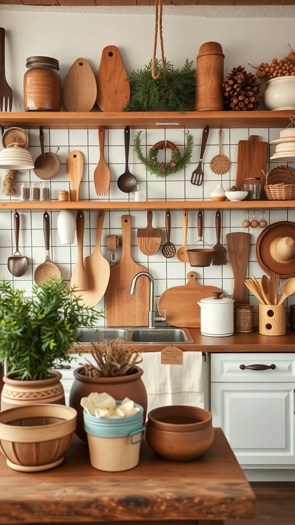 A cozy kitchen with rustic wooden accents and festive decor.