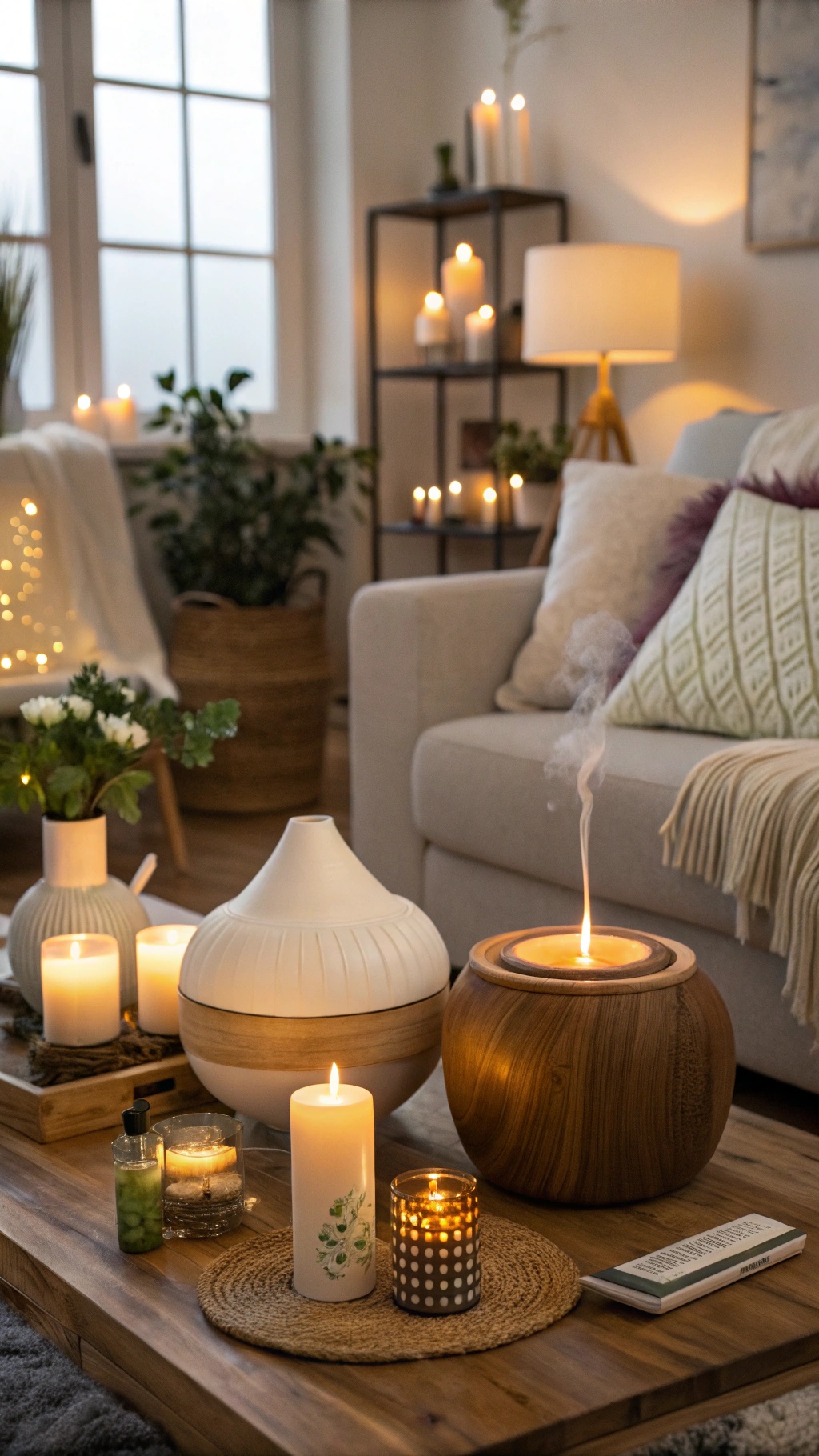 Cozy living room with scented candles and diffusers on a wooden table.
